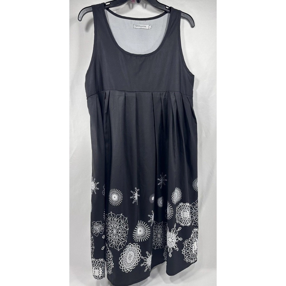 Misslook Black Sleeveless Dress‎ White Snowflake Design Size L Pleated
